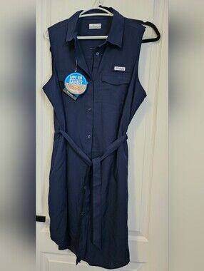 Columbia Navy Sleeveless Button-Front Dress with Self-Tie Waist
